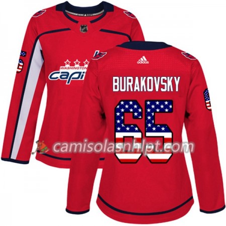 Camisola Washington Capitals Andre Burakovsky 65 Adidas 2017-2018 Vermelho USA Flag Fashion Authentic - Mulher